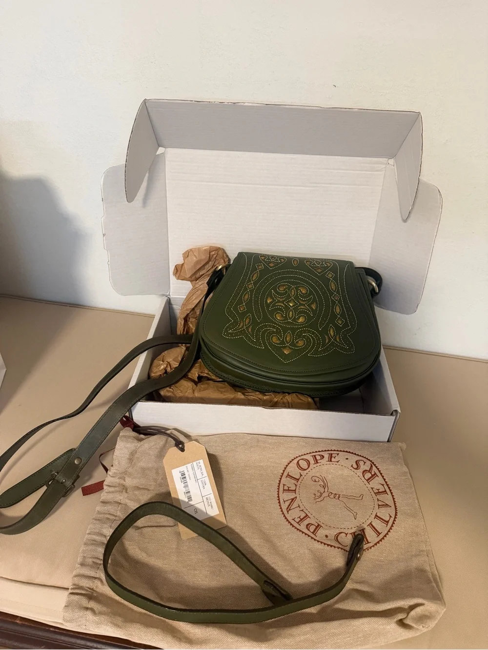 Penelope Chilvers Olive Green Embroidered Leather Crossbody Saddle Bag NWT - Picture 6 of 7